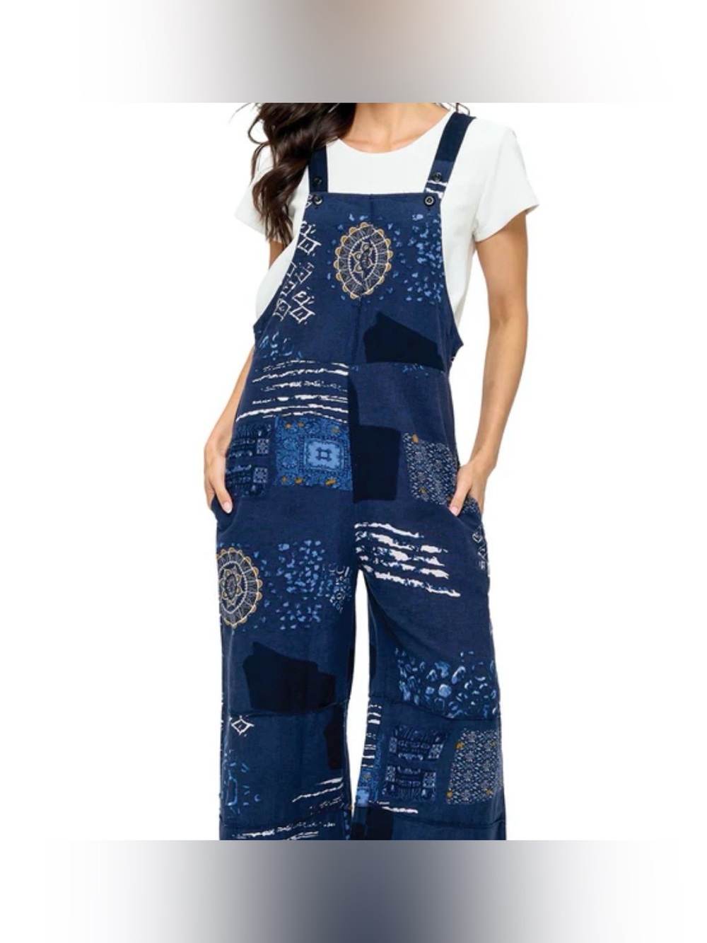 Small shop|Navy Boho Patchwork print Wide-Leg sleeveless Jumpsuit,overall style• - Picture 13 of 13
